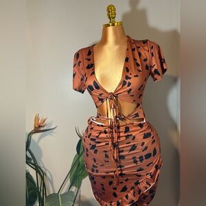 Rust Brown Cutout Tie Front Dress with Black Print